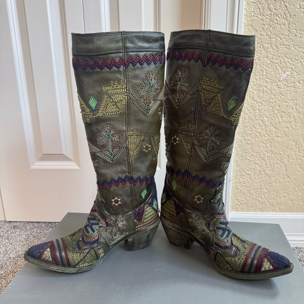 Marco Delli Dallas High Embroidered Tall Boots Olive Green 38 NWT $1295 Sold Out - Picture 5 of 15